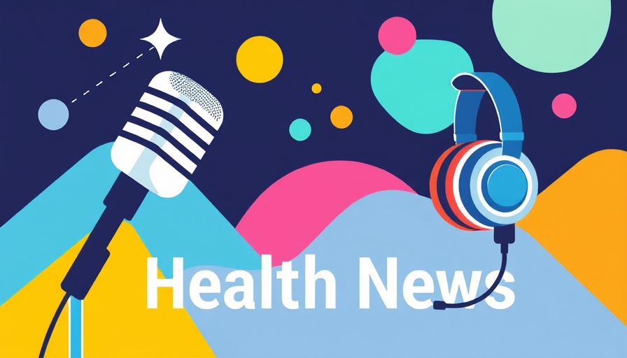 Stylized health news podcast illustration with microphones and headphones.