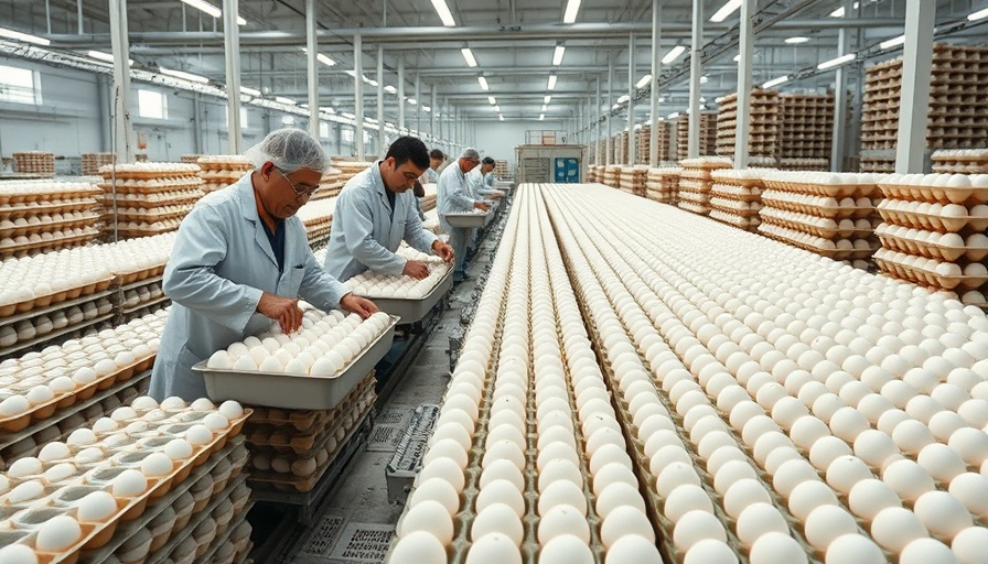 Workers sorting eggs in a facility related to bird flu impact.