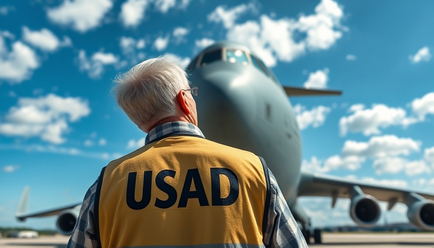 USAID worker observing C-17 Globemaster on runway.