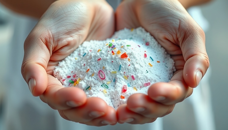 Hands gently cupping microplastic fragments mixed in fine white powder.