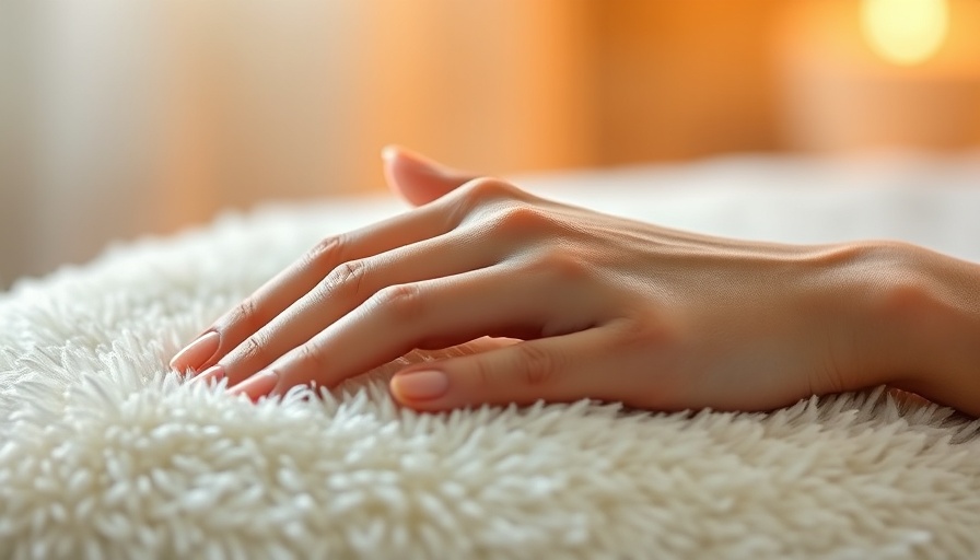 Elegant manicured hand resting on soft plush surface, nail care focus.