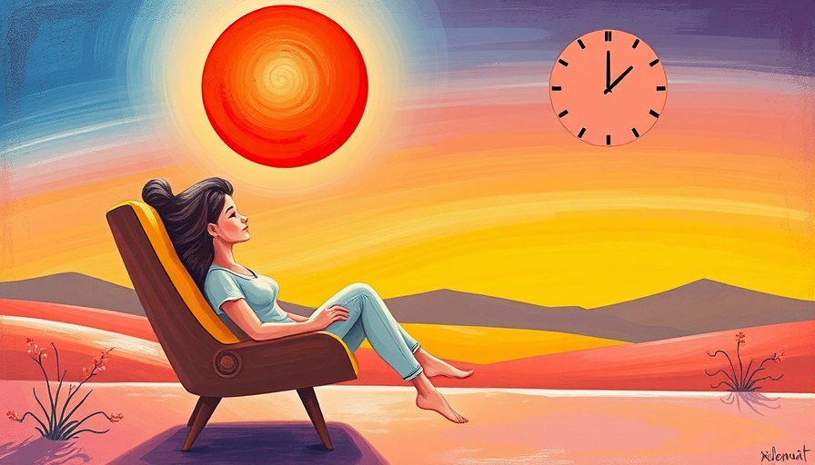 Abstract illustration of afternoon fatigue with seated woman, vibrant setting.
