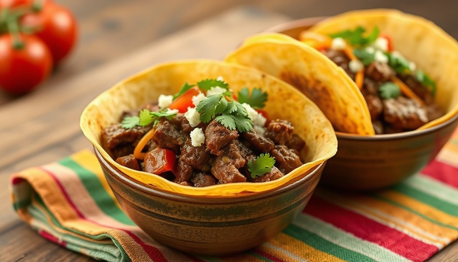 Delicious Slow Cooker Beef Taco Bowls garnished with cheese on a colorful napkin.