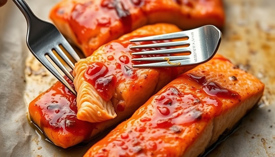 Spicy maple glazed salmon fillets on baking sheet.