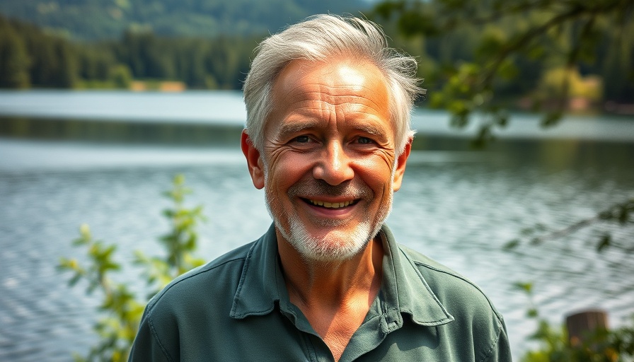 Older man smiling by a lake, surrounded by greenery.