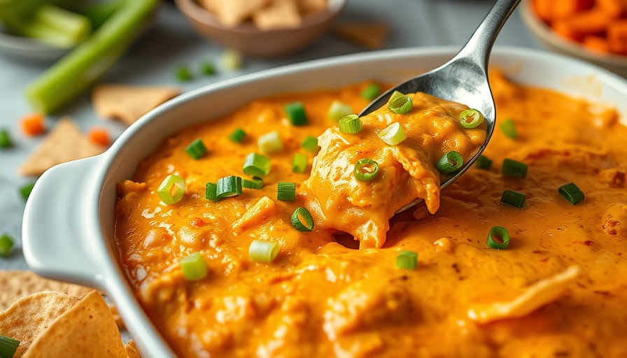 Cheesy buffalo chicken dip with green onions and tortilla chips.