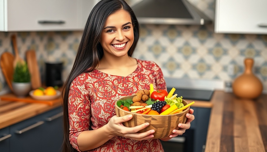 Woman in kitchen holding healthy bowl, Weight Loss concept.