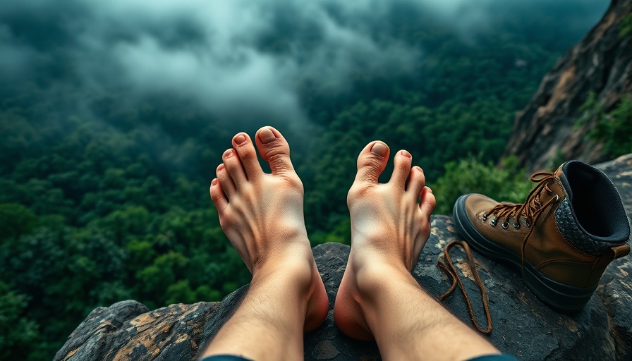 Feet with blisters on rocky cliff with hiking boots nearby.