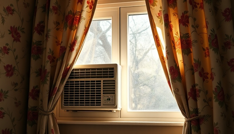 Vintage air conditioner behind floral curtains in soft sunlight.