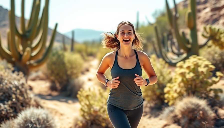 Energetic female jogging in green desert landscape, how much cardio.