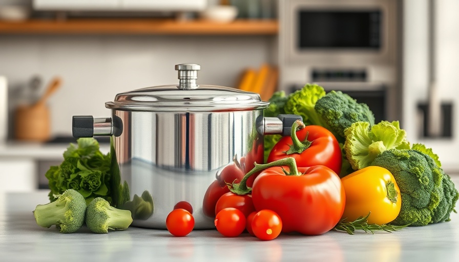 Stainless steel pressure cooker with fresh vegetables on kitchen counter.
