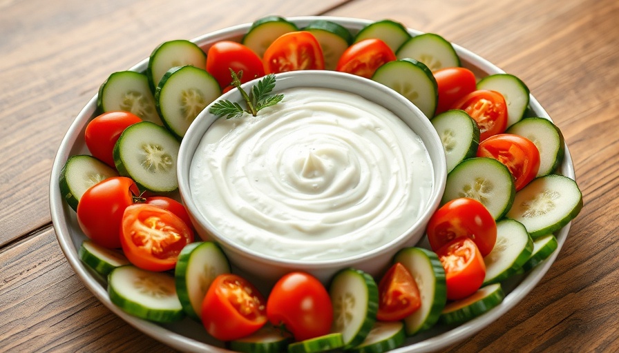 Greek yogurt vegetable dip with fresh veggies on a platter.