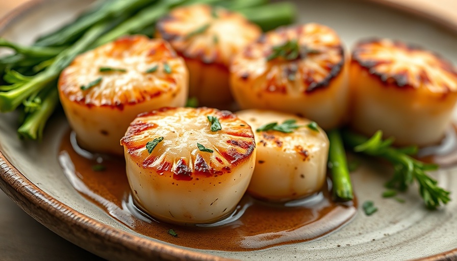 Seared scallops with herbs on a plate with greens.