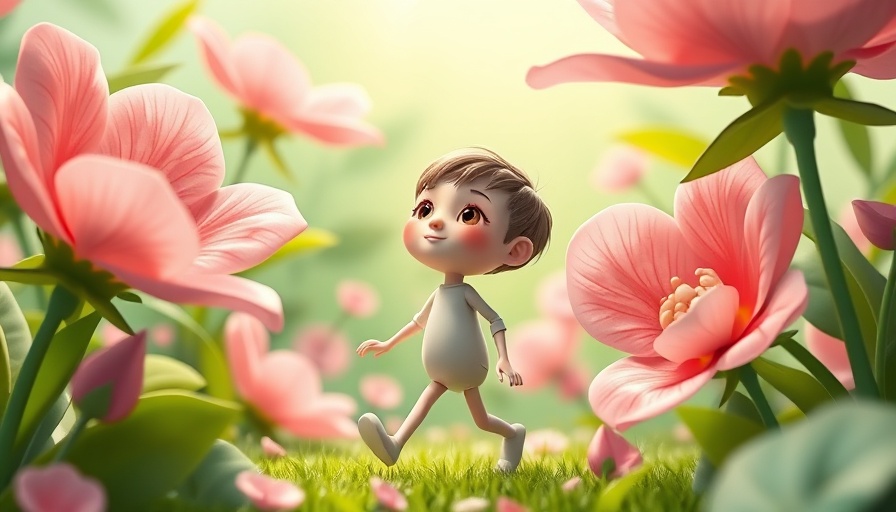 Vibrant abstract scene of a character walking among flowers to change your mood.