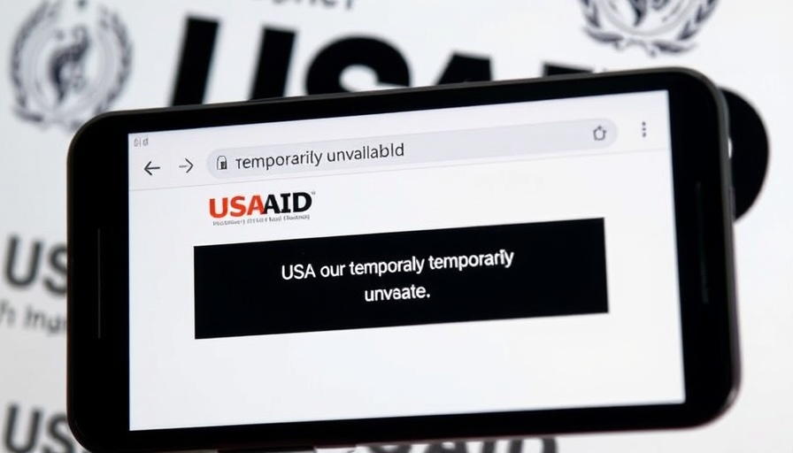 Smartphone shows USAID cuts message with unavailable notice.