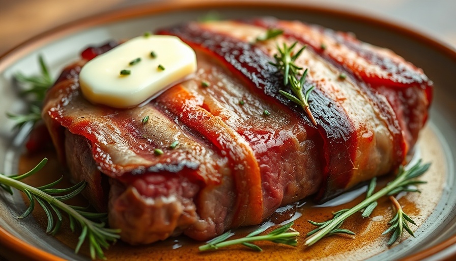 Mouthwatering bacon wrapped filet mignon with butter and thyme.