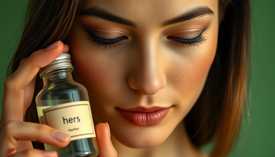 Close-up of woman with 'hers' bottle, photorealistic.