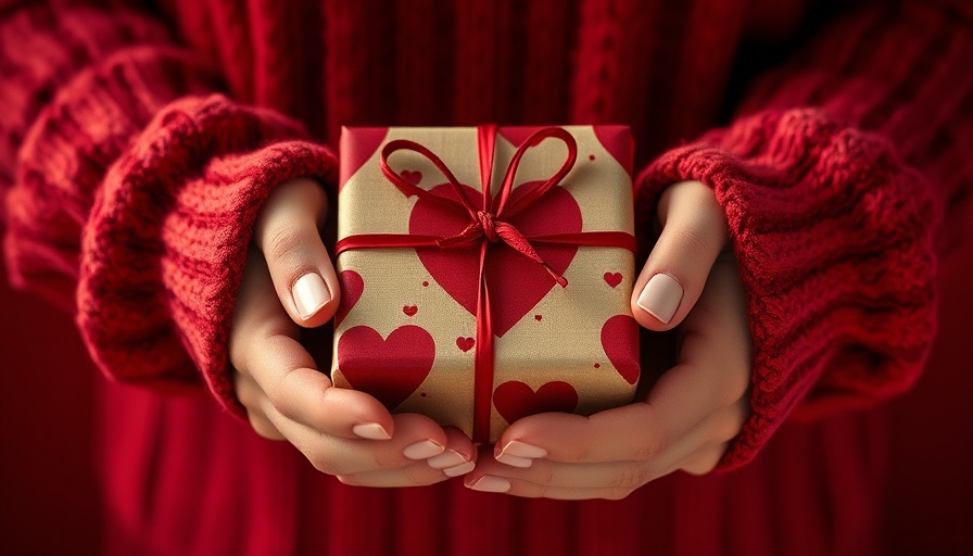 Cozy Valentine's Day gift with heart design against red backdrop.