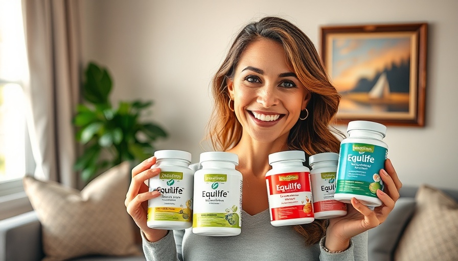 Smiling woman displaying EquiLife products in living room.