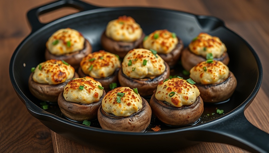 Keto stuffed mushrooms in skillet on wooden board.