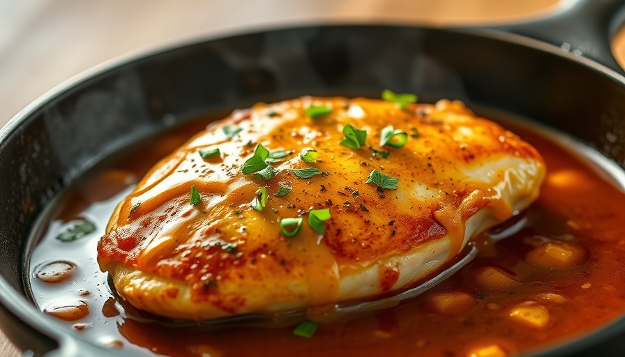 Honey mustard chicken, glazed and garnished, in skillet.