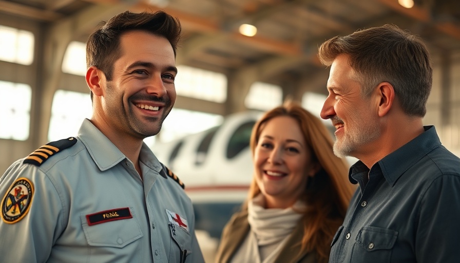 Pilot retirement ceremony with family in aircraft hangar.
