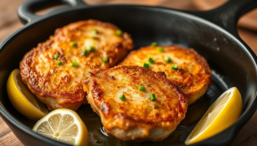Golden brown fried pork chops with chives in a skillet.