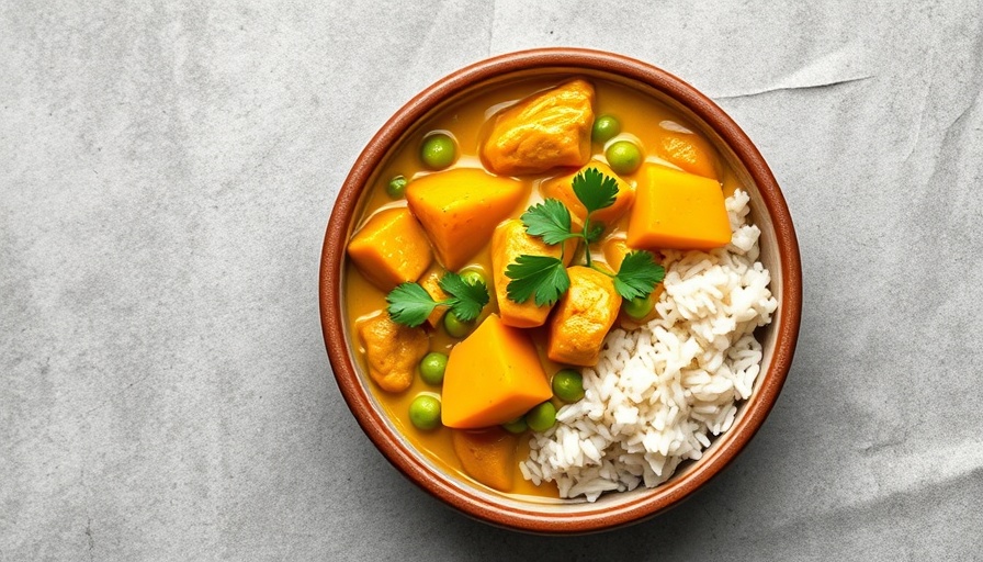 Slow cooker yellow chicken curry with peas and rice in a bowl.