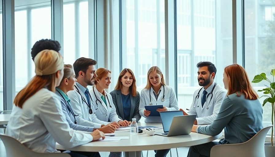 Healthcare AI in medical team discussion in a modern office.