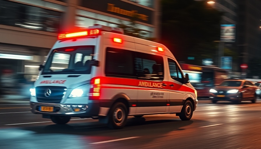 Emergency ambulance speeding at night with flashing lights.