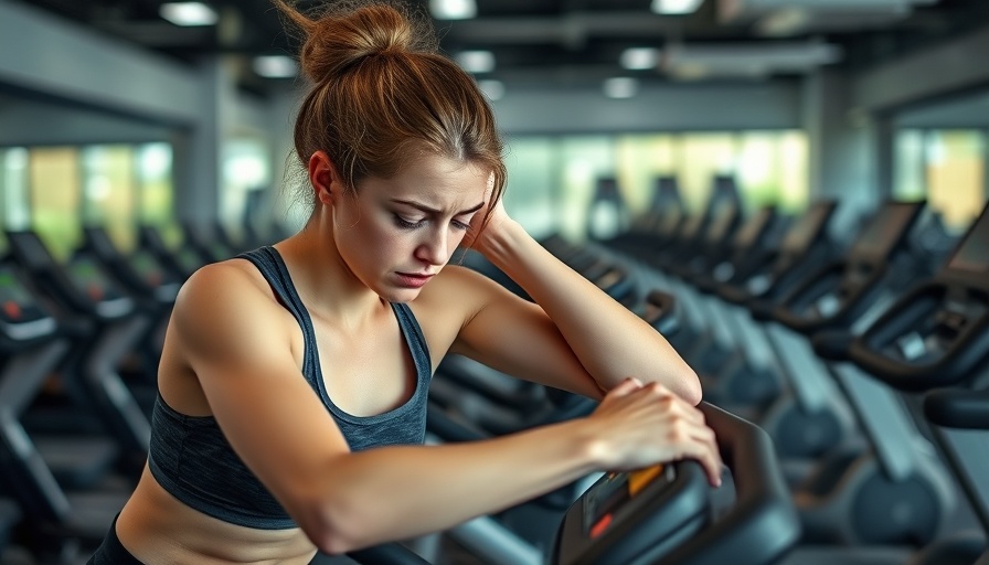 Stressed woman making indoor cycling mistakes in a gym.