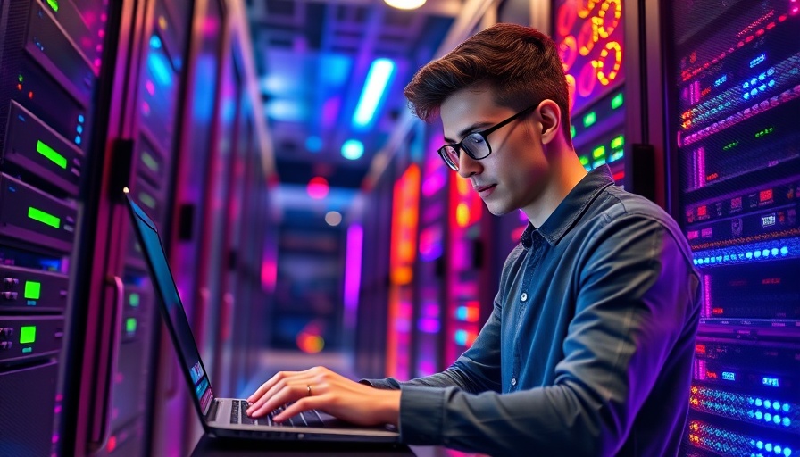 Young IT professional working in a colorful data center with server racks.