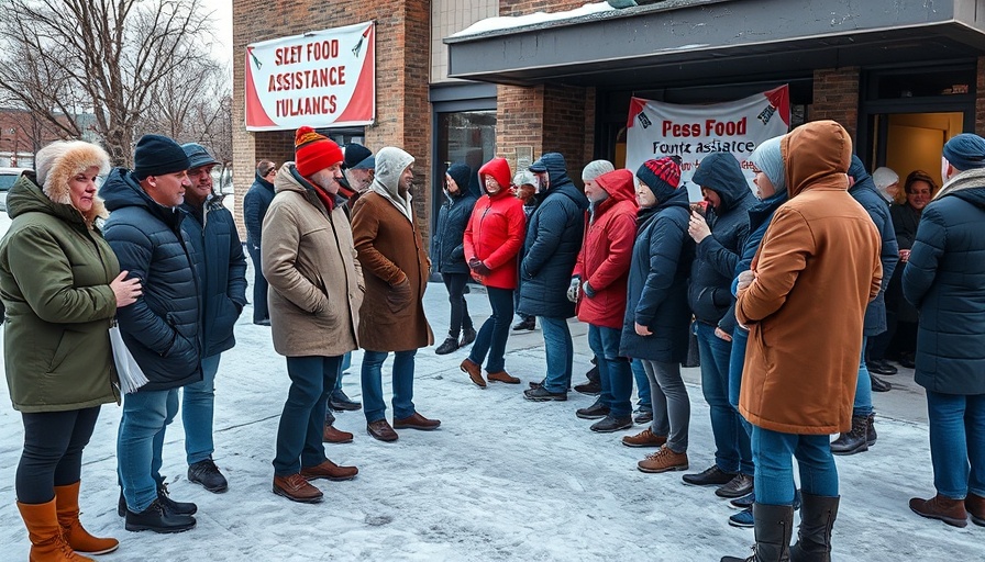 USAID food assistance line outside building in winter.