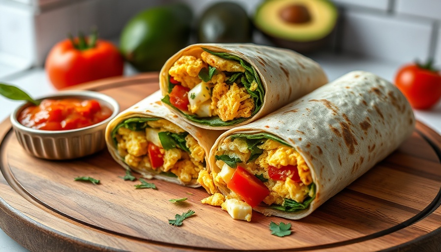 Delicious breakfast burritos with salsa on a wooden platter.