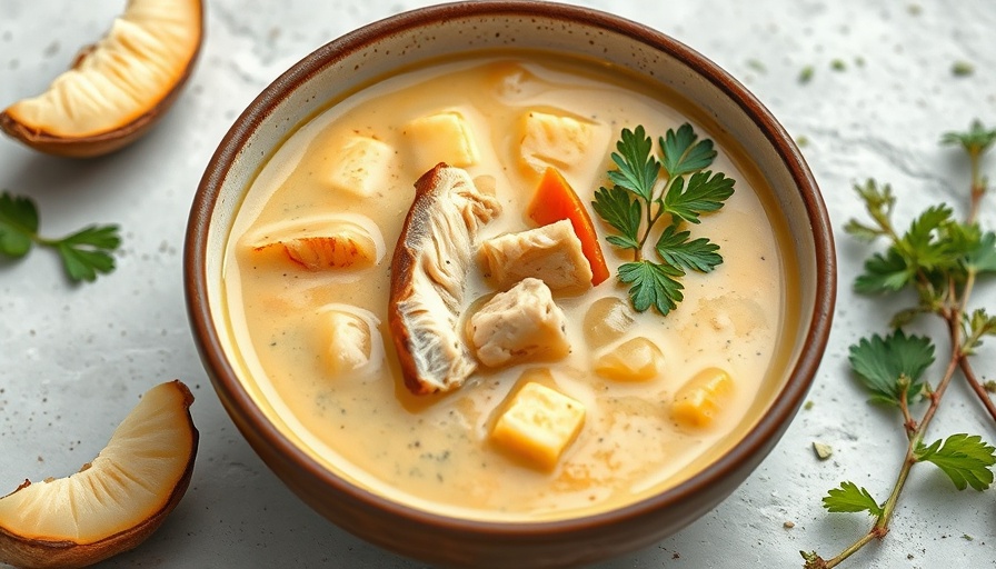 Delicious ginger coconut chicken soup with fresh herbs in a ceramic bowl.