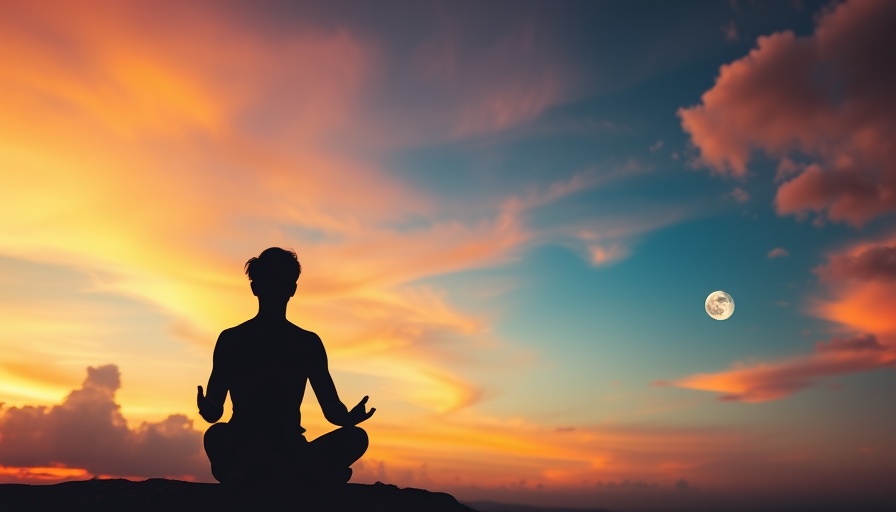 Silhouette meditating against vibrant sunset sky, mindful states.