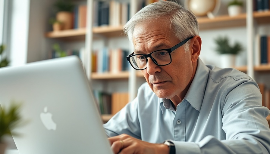 Older man working on a laptop in a home office, highlighting health benefits of working later in life.
