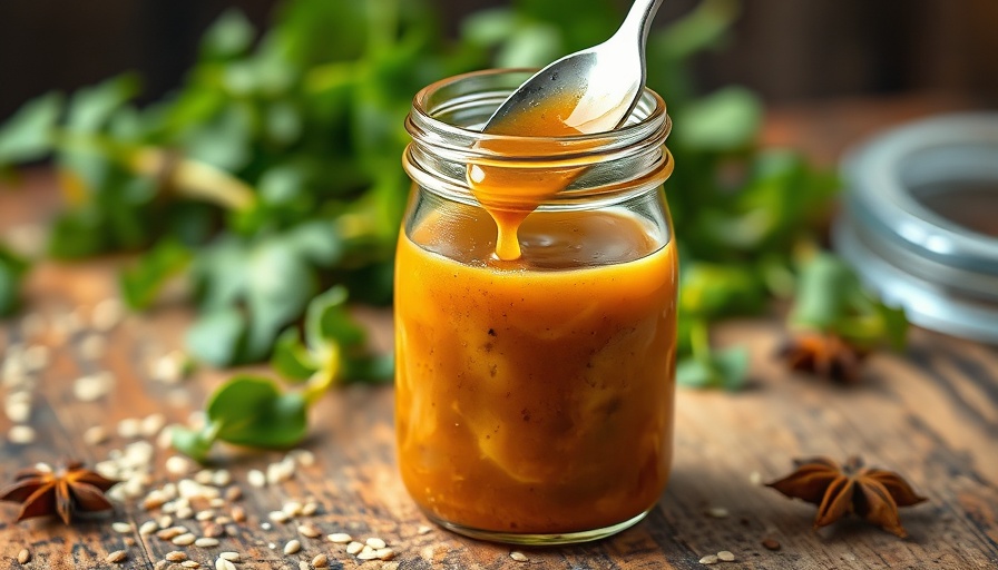 Sweet Asian salad dressing in a jar with a spoon, rustic setting.