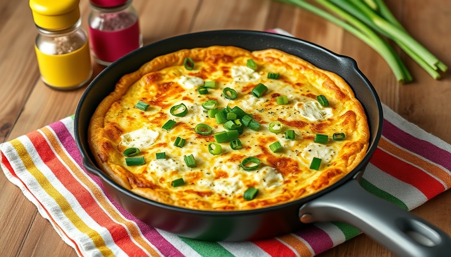 Feta cheese frittata with green onions in a pan on a striped towel.