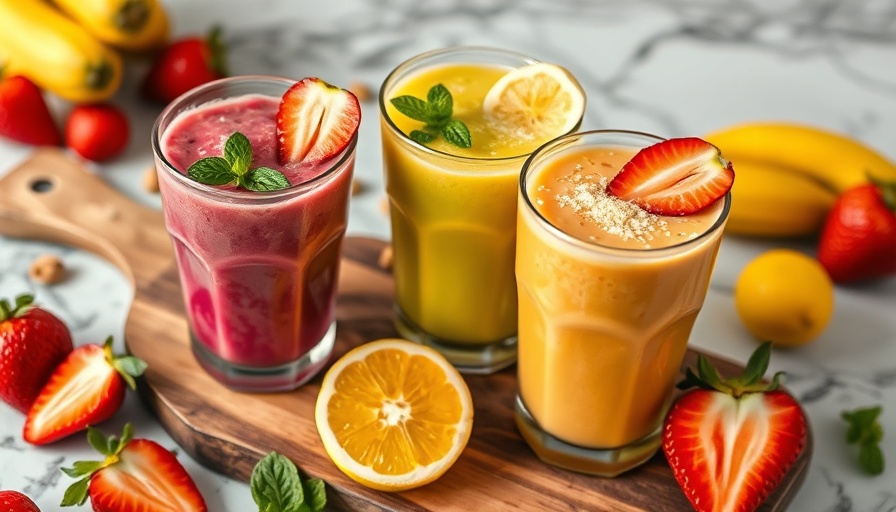 Vibrant Vitamin C Packed Strawberry Orange Banana Smoothie on wooden board.