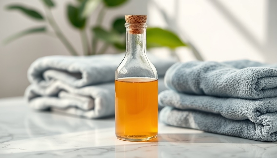 Apple cider vinegar bottle for baths on marble with towels.