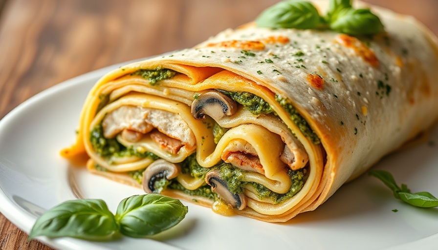 Pesto Mushroom Chicken Lasagna Roll Ups on a white plate.