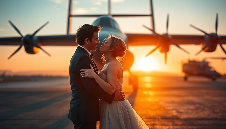 Romantic couple kissing by aircraft during sunset