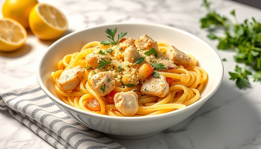 Healthy lemon pasta with chicken served in a vibrant bowl on marble.
