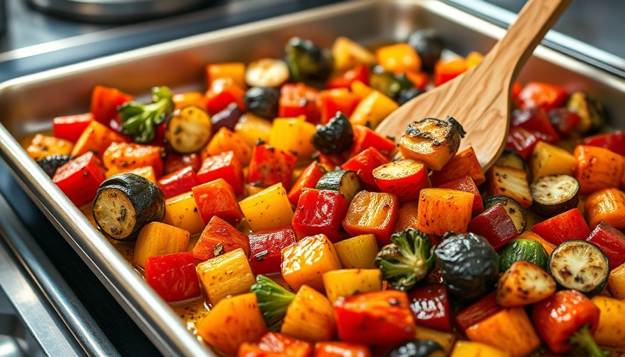 Colorful oven roasted vegetables on metal tray.