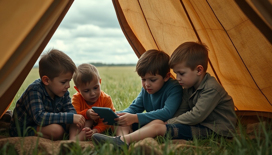 Children in a tent watching a device in a rural setting.