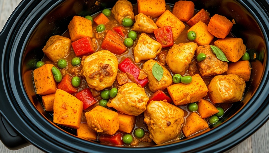 Healthy slow cooker recipe with curried chicken and vegetables.