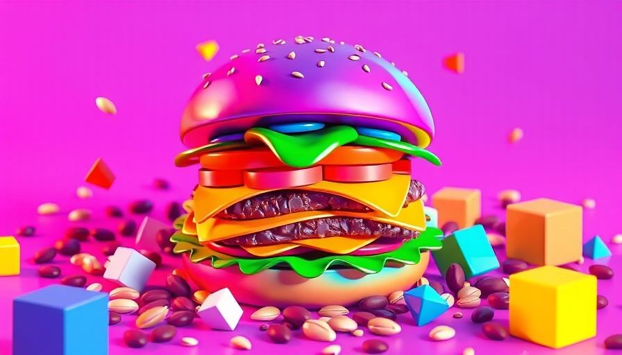 3D abstract burger with colorful ingredients, exploring Is Fake Meat Healthier Than Real Meat.