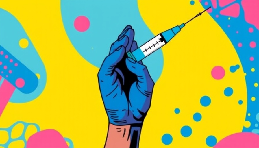 Graphic hand holding syringe, colorful background.