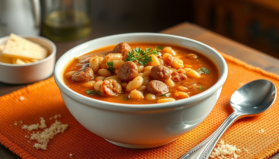 Cannellini bean and sausage soup in white bowls on orange placemat.